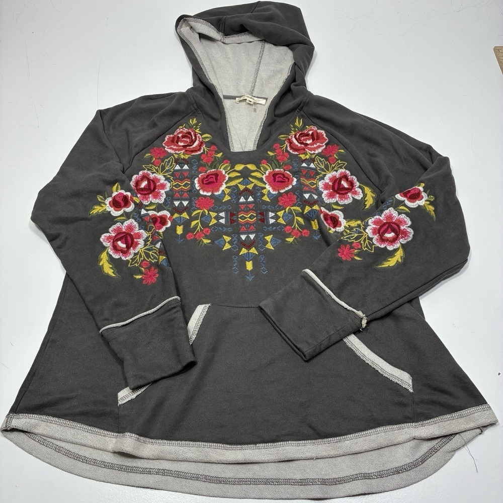 Andree‎ by Unit Hoodie Womens Medium Gray Embroidered Floral Boho Pullover Top